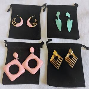 Lot of 4 Pairs Vintage Retro Earrings Pink Enamel Gold Tone Dangle Hoop Mint